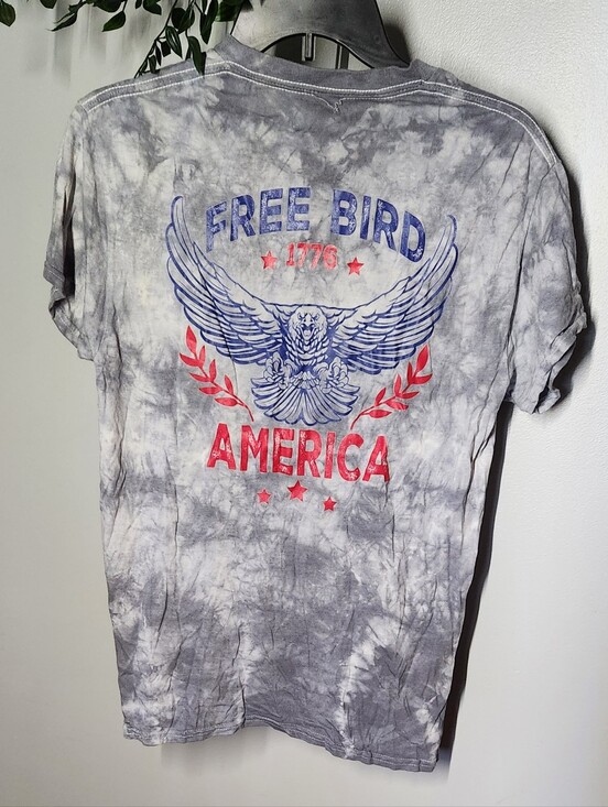 Tops - Free Bird America Graphic Tee - Gray Tie-Dye with Red & Blue Print